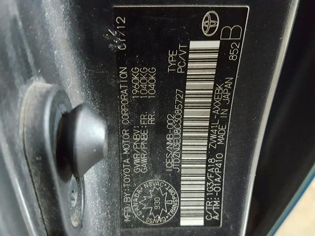 JTDZN3EU8C3085727 - 2012 TOYOTA PRIUS V BLUE photo 10