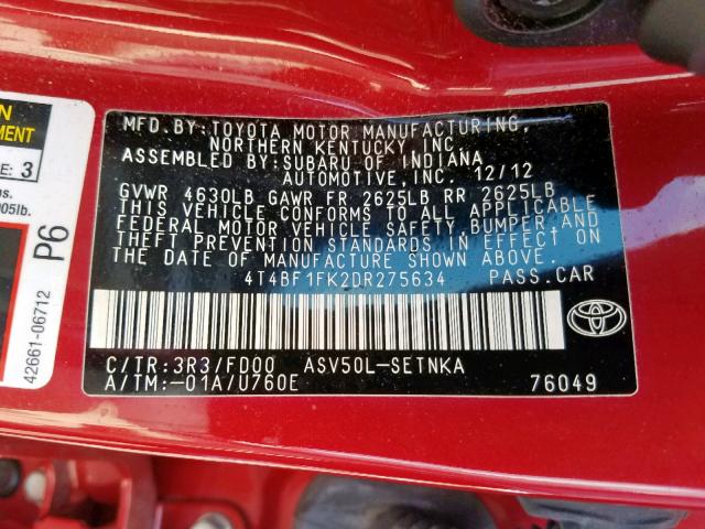 4T4BF1FK2DR275634 - 2013 TOYOTA CAMRY L RED photo 10