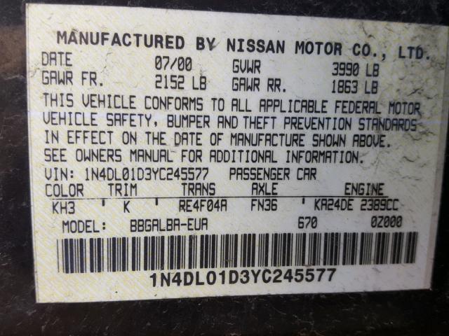 1N4DL01D3YC245577 - 2000 NISSAN ALTIMA XE BLACK photo 10