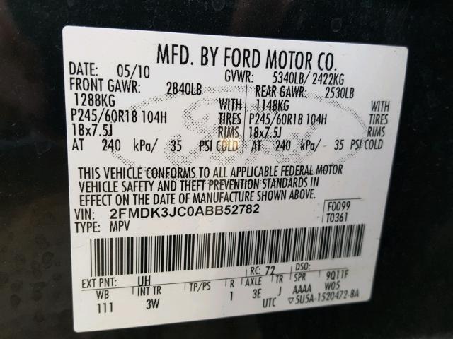 2FMDK3JC0ABB52782 - 2010 FORD EDGE SEL BLACK photo 10