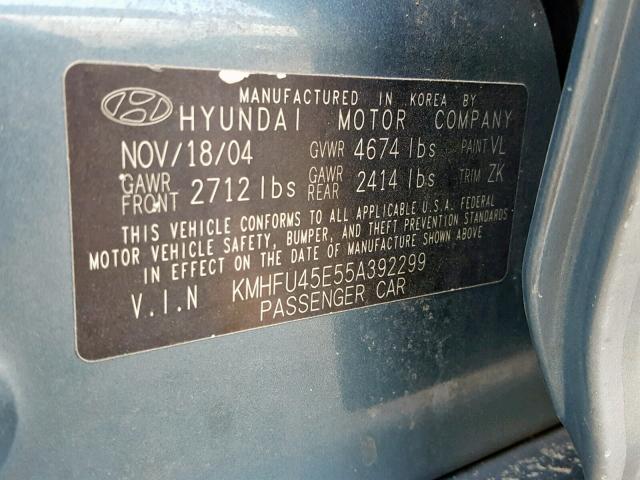 KMHFU45E55A392299 - 2005 HYUNDAI XG 350 BLUE photo 10