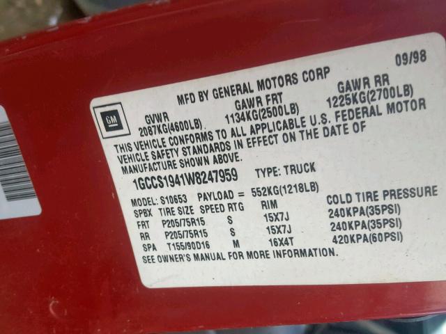 1GCCS1941W8247959 - 1998 CHEVROLET S TRUCK S1 RED photo 10