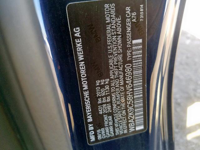 WBA2K9C58HV646980 - 2017 BMW 230I BLUE photo 10