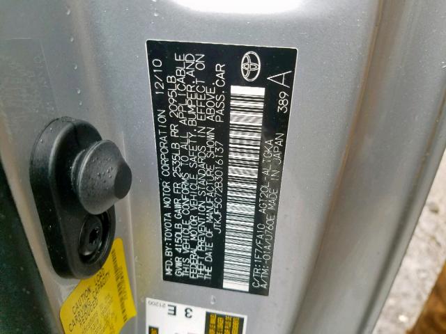 JTKJF5C72B3016137 - 2011 TOYOTA SCION TC ვერცხლისფერი ფოტო 10