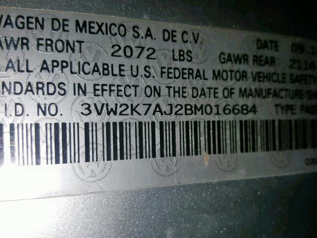 3VW2K7AJ2BM016684 - 2011 VOLKSWAGEN JETTA BASE Արծաթագույն լուսանկար 10