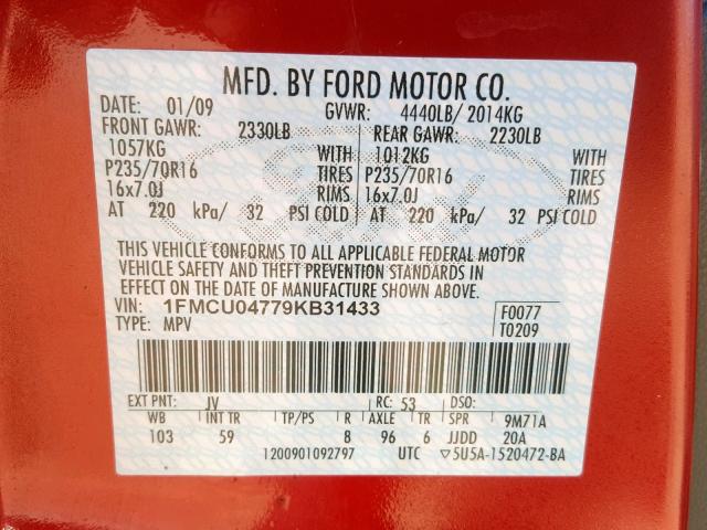 1FMCU04779KB31433 - 2009 FORD ESCAPE LIM RED photo 10