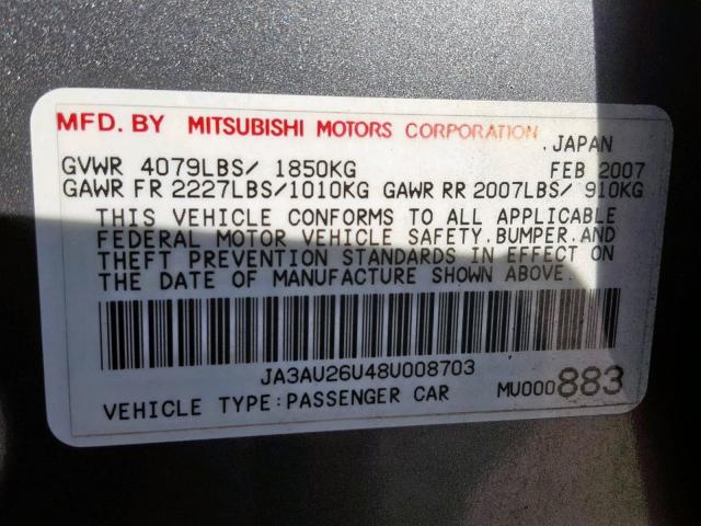 JA3AU26U48U008703 - 2008 MITSUBISHI LANCER ES GRAY photo 10