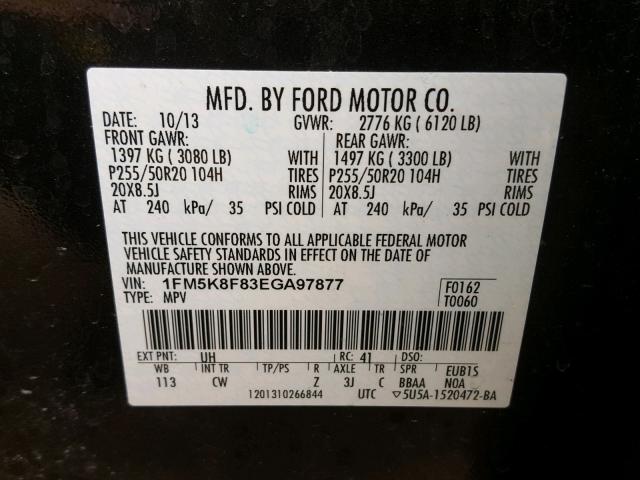 1FM5K8F83EGA97877 - 2014 FORD EXPLORER L BLACK photo 10