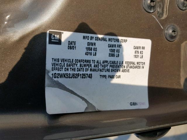 1G2WK52J62F125743 - 2002 PONTIAC GRAND PRIX TAN photo 10