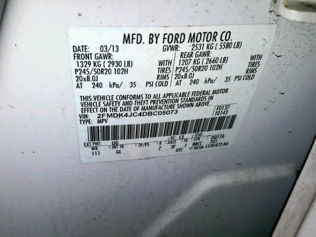 2FMDK4JC4DBC05073 - 2013 FORD EDGE SEL WHITE photo 10