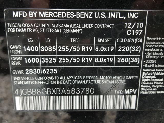 4JGBB8GBXBA683780 - 2011 MERCEDES-BENZ ML 350 4MA BLACK photo 10