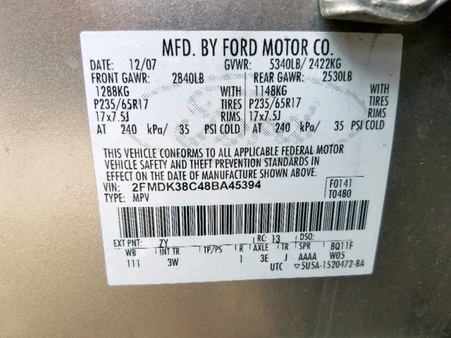 2FMDK38C48BA45394 - 2008 FORD EDGE SEL GRAY photo 10