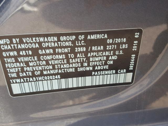 1VWAT7A31HC020245 - 2017 VOLKSWAGEN PASSAT S GRAY photo 10