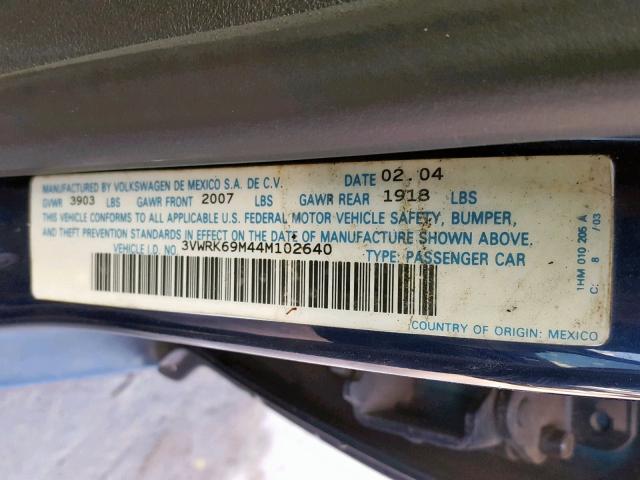 3VWRK69M44M102640 - 2004 VOLKSWAGEN JETTA GL BLUE photo 10