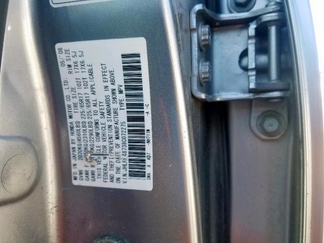 JHLRE48738C072275 - 2008 HONDA CR-V EXL SILVER photo 10