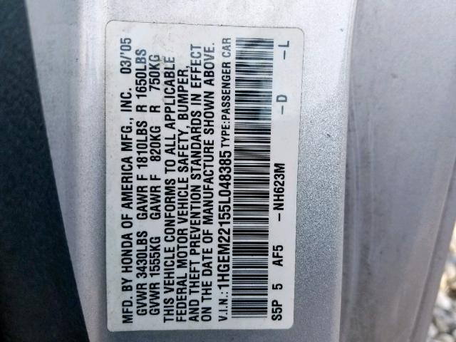 1HGEM22155L048385 - 2005 HONDA CIVIC DX V SILVER photo 10