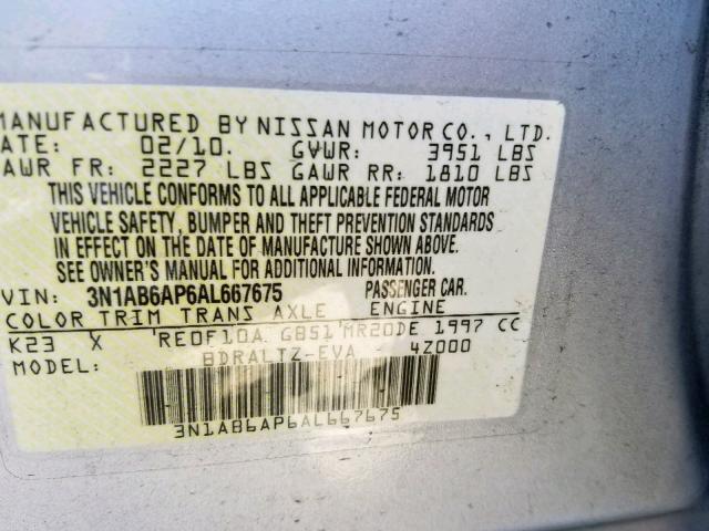 3N1AB6AP6AL667675 - 2010 NISSAN SENTRA 2.0 GRAY photo 10