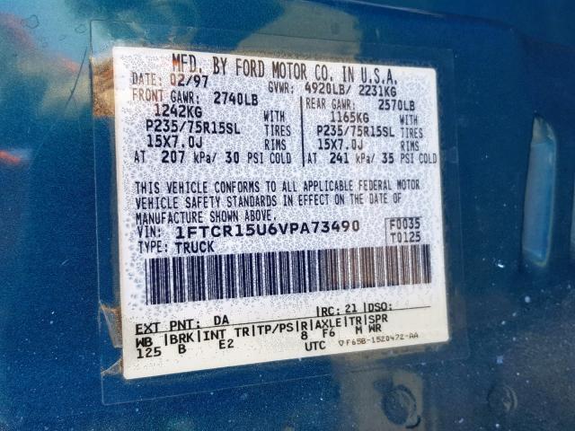 1FTCR15U6VPA73490 - 1997 FORD RANGER SUP GRAY photo 10