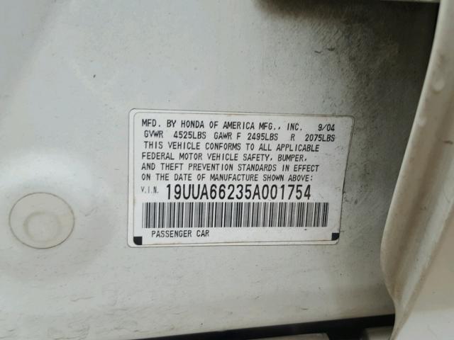 19UUA66235A001754 - 2005 ACURA TL WHITE photo 10