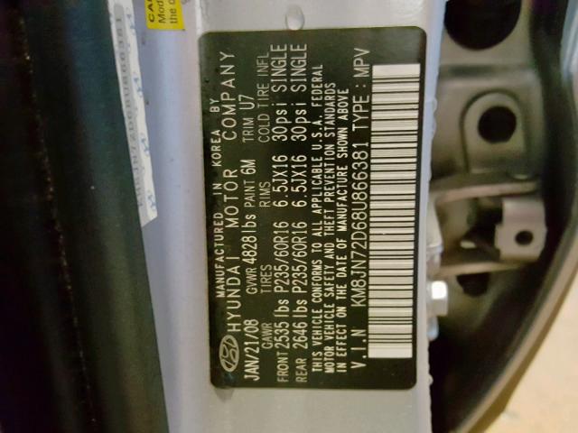 KM8JN72D68U866381 - 2008 HYUNDAI TUCSON SE SILVER photo 10