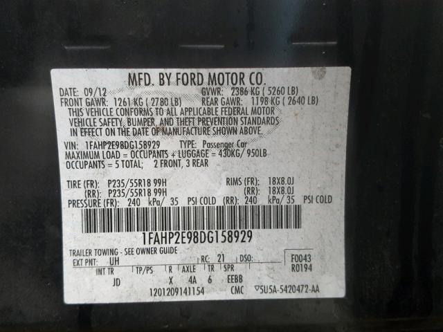 1FAHP2E98DG158929 - 2013 FORD TAURUS SEL BLACK photo 10