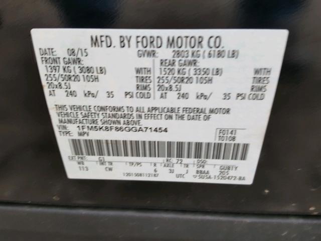 1FM5K8F86GGA71454 - 2016 FORD EXPLORER L BLACK photo 10