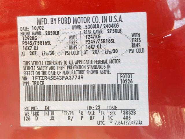 1FTZR45E43PA37749 - 2003 FORD RANGER SUP RED photo 10