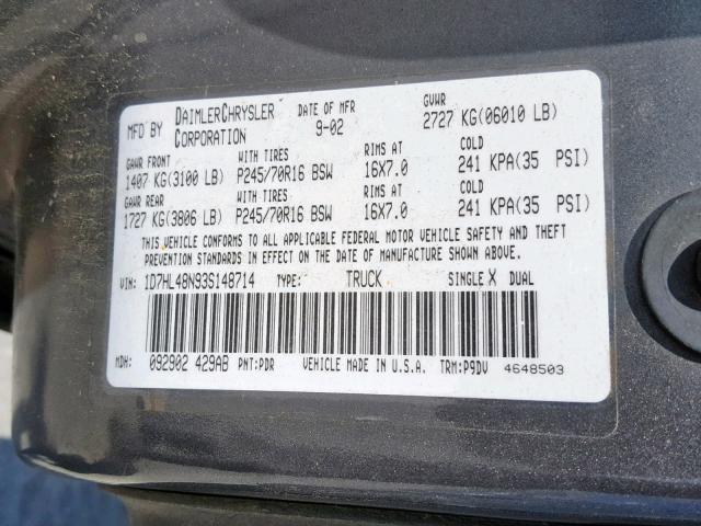 1D7HL48N93S148714 - 2003 DODGE DAKOTA QUA CHARCOAL photo 10