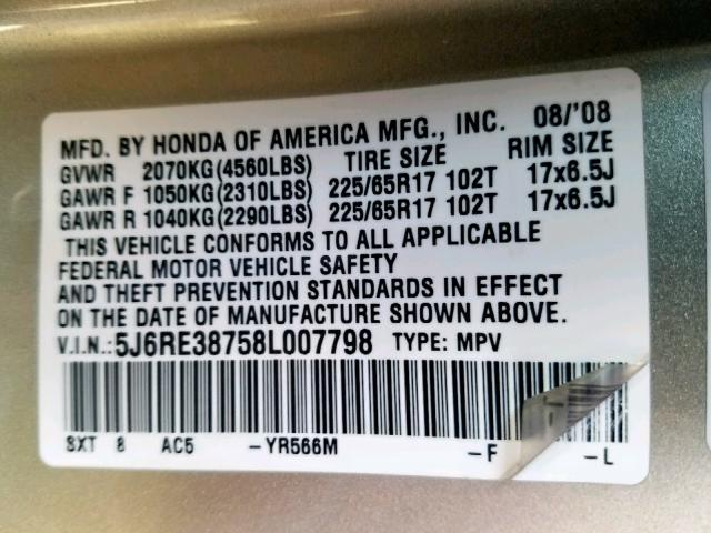 5J6RE38758L007798 - 2008 HONDA CR-V EXL GOLD photo 10