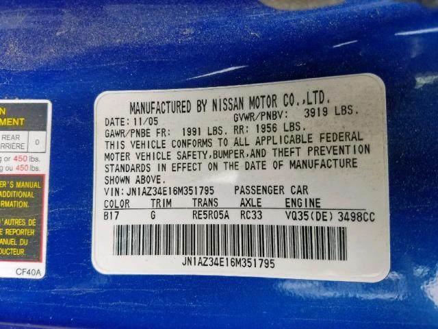 JN1AZ34E16M351795 - 2006 NISSAN 350Z COUPE BLUE photo 10