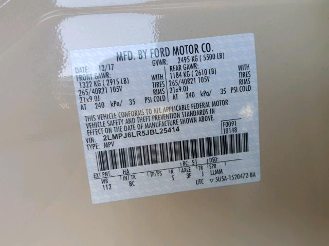 2LMPJ6LR5JBL25414 - 2018 LINCOLN MKX RESERV CREAM photo 10