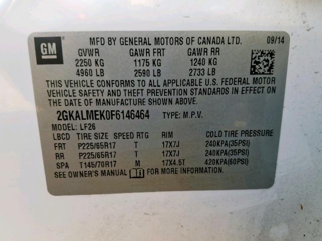 2GKALMEK0F6146464 - 2015 GMC TERRAIN SL WHITE photo 10