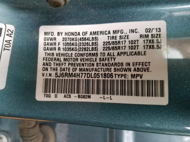 5J6RM4H77DL051806 - 2013 HONDA CR-V EXL TEAL photo 10