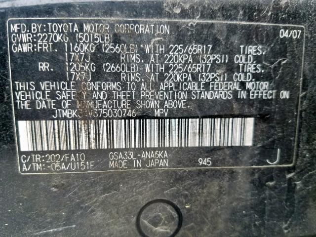 JTMBK34V375030746 - 2007 TOYOTA RAV4 LIMIT BLACK photo 10