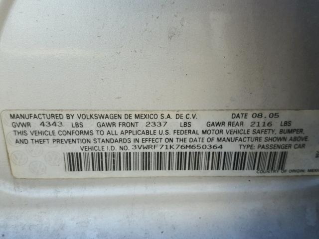 3VWRF71K76M650364 - 2006 VOLKSWAGEN JETTA 2.5 SILVER photo 10