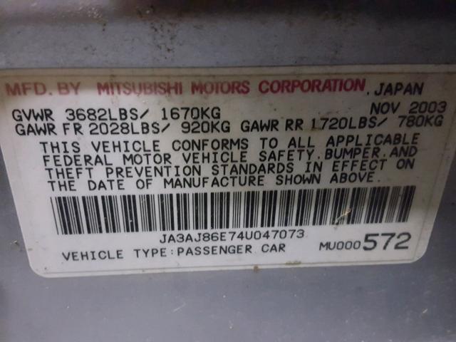 JA3AJ86E74U047073 - 2004 MITSUBISHI LANCER OZ SILVER photo 10