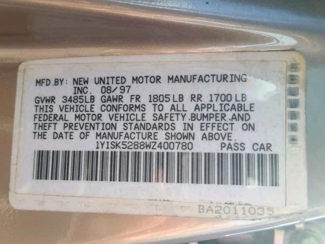 1Y1SK5288WZ400780 - 1998 CHEVROLET GEO PRIZM თაფლისფერი ფოტო 10