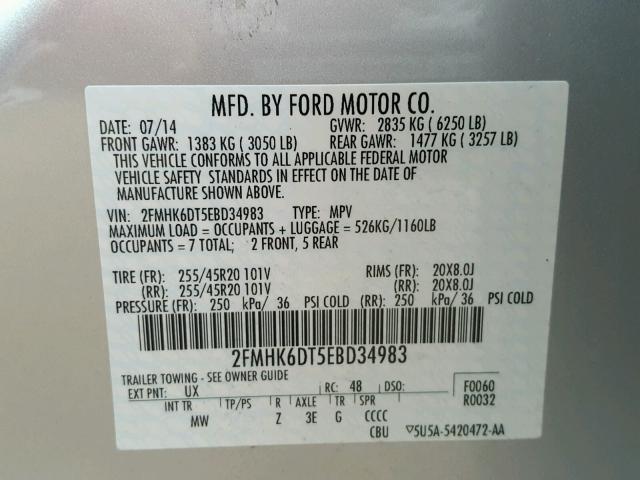 2FMHK6DT5EBD34983 - 2014 FORD FLEX LIMIT SILVER photo 10