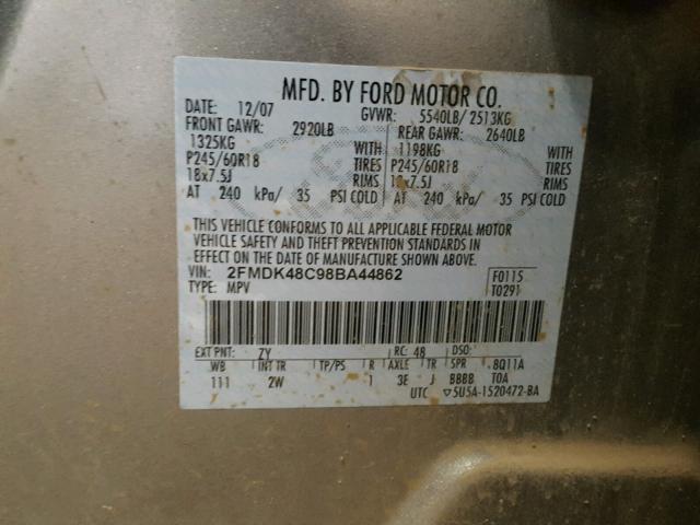 2FMDK48C98BA44862 - 2008 FORD EDGE SEL SILVER photo 10