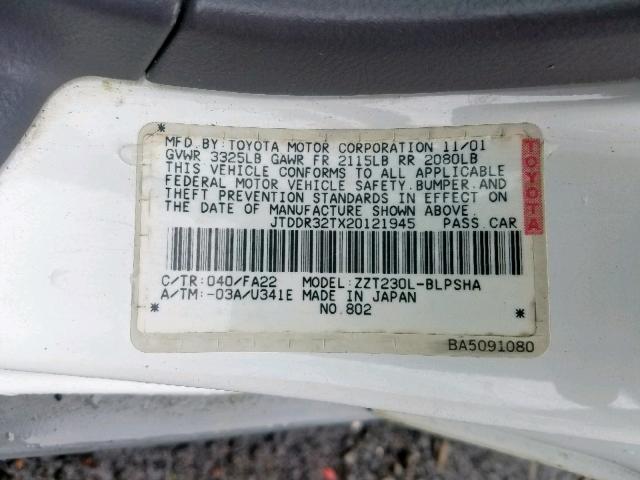 JTDDR32TX20121945 - 2002 TOYOTA CELICA GT WHITE photo 10