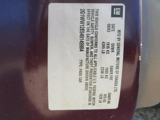 2G1WW12E549149984 - 2004 CHEVROLET MONTE CARL 栗色 照片 10