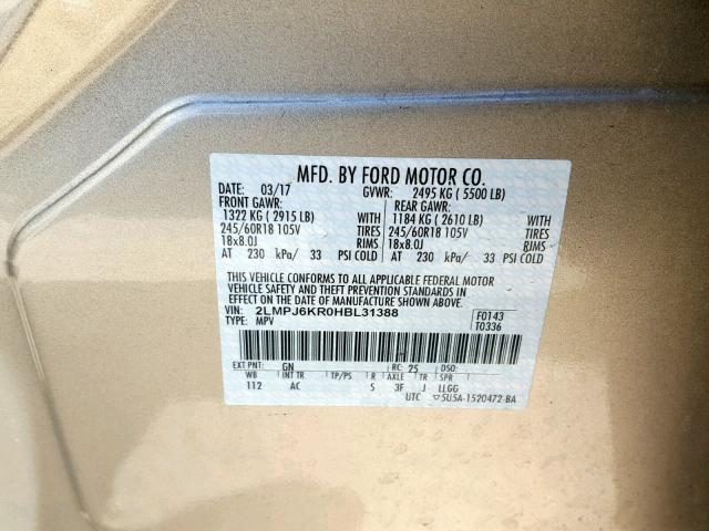 2LMPJ6KR0HBL31388 - 2017 LINCOLN MKX SELECT BEIGE photo 10