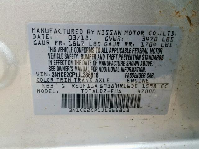 3N1CE2CP1JL366818 - 2018 NISSAN VERSA NOTE SILVER photo 10