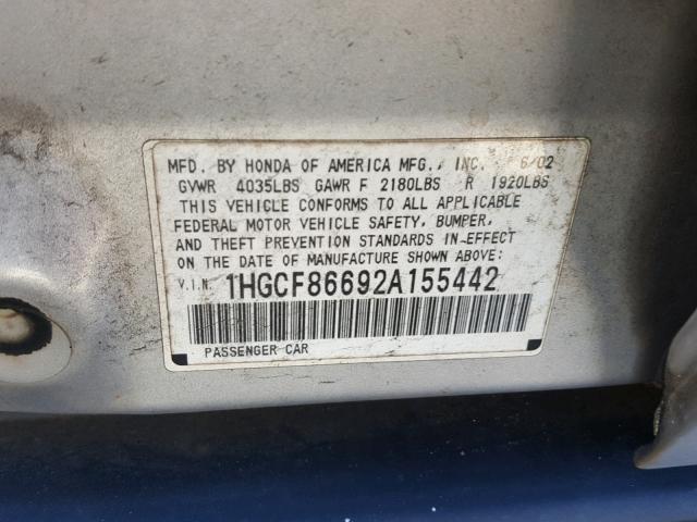 1HGCF86692A155442 - 2002 HONDA ACCORD VAL SILVER photo 10