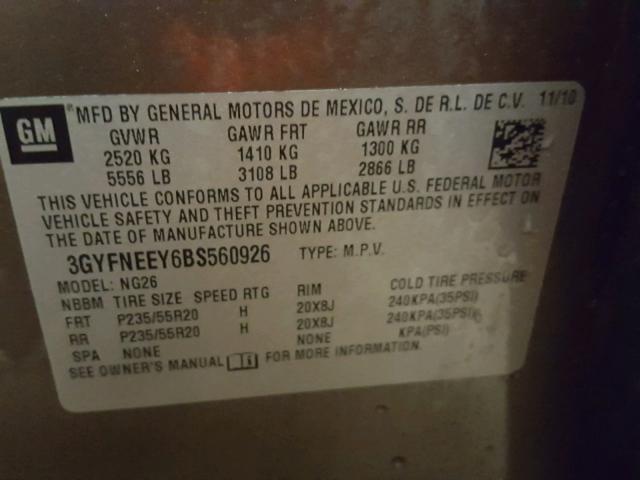 3GYFNEEY6BS560926 - 2011 CADILLAC SRX PERFOR ნაცრისფერი ფოტო 10