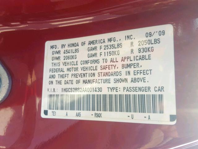 1HGCS2B82AA001430 - 2010 HONDA ACCORD EXL RED photo 10