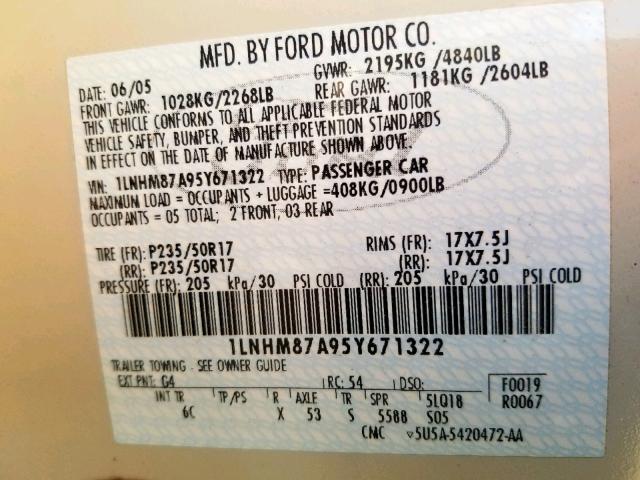 1LNHM87A95Y671322 - 2005 LINCOLN LS 白色 照片 10