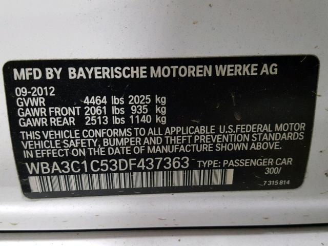 WBA3C1C53DF437363 - 2013 BMW 328 I SULE WHITE photo 10