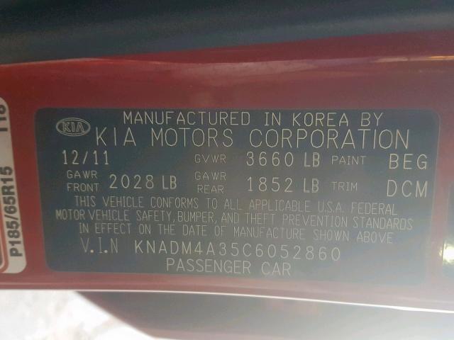 KNADM4A35C6052860 - 2012 KIA RIO LX RED photo 10