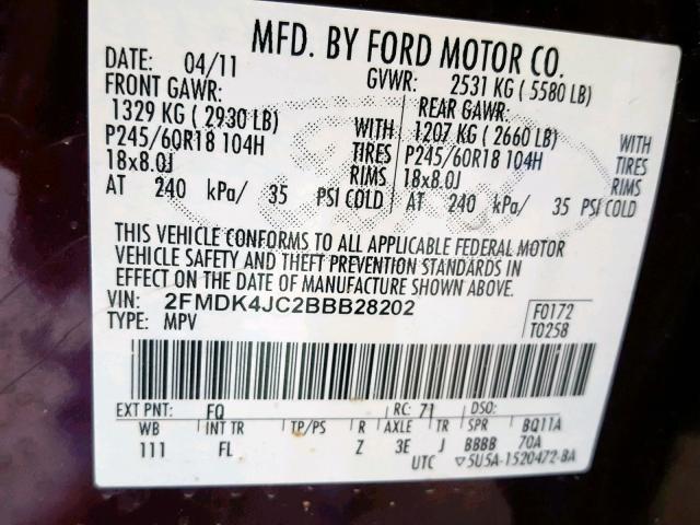 2FMDK4JC2BBB28202 - 2011 FORD EDGE SEL MAROON photo 10